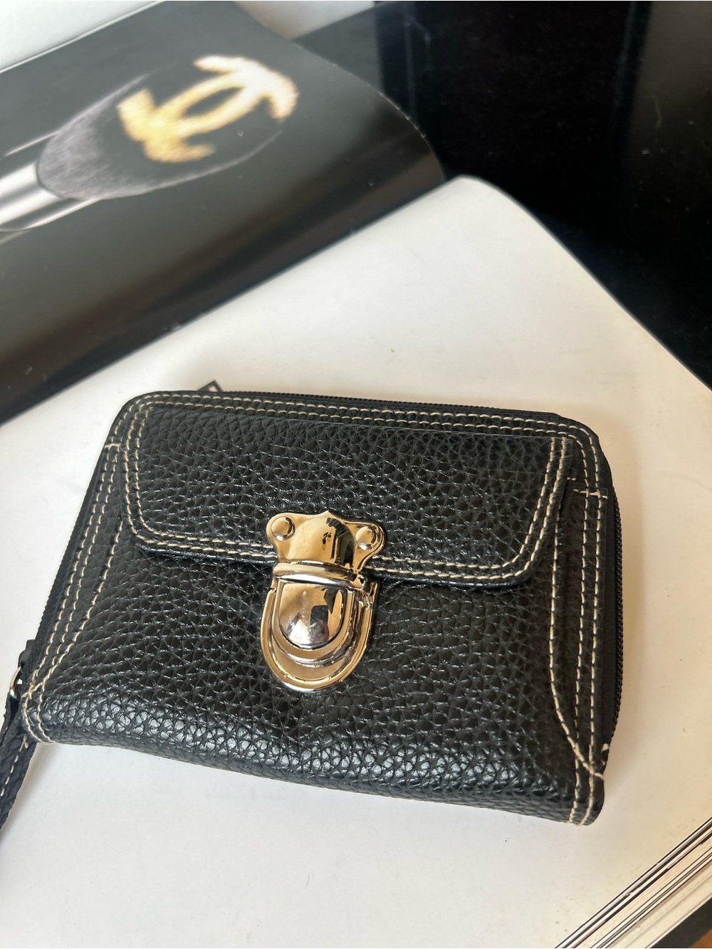 Villager new Black Leather Compact Wallet with Gold Clasp